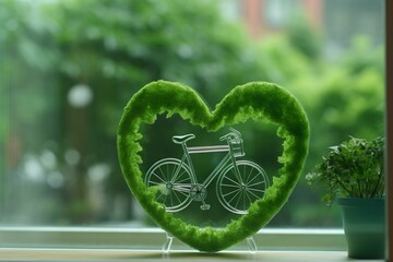 green heart with bicycle on see-through backdrop. Generative AI