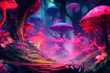 Vibrant neon forest glows magically resembling a fairytale. Generative AI - obrazy, fototapety, plakaty