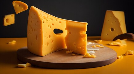 delicious cheese on background, yellow cheese on the table, cuted cheese on cool background, sliced cheese on table - obrazy, fototapety, plakaty