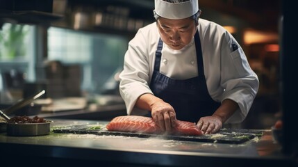  An elderly Japanese chef prepares salmon or salmon fish in the restaurant kitchen.