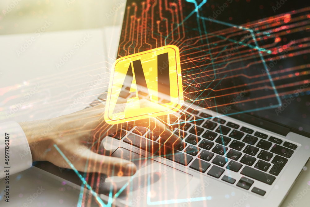 Poster double exposure of creative artificial intelligence icon with hands typing on laptop on background. 