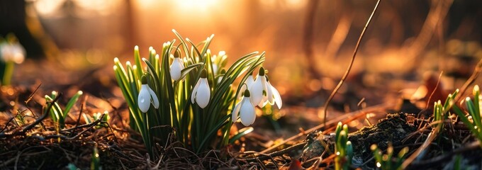 beautiful snowdrop flowers in green grass with sun