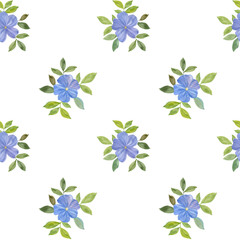 Fototapeta na wymiar blue flowers with green leaves on a white background, seamless pattern
