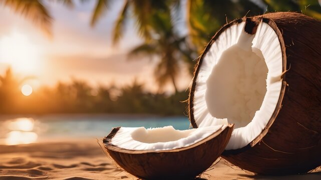 Closeup of a fresh whole and half coconut with coconut trees on beautiful sandy beach with sunset. Coconuts are native to tropical climates and they have good (HDL) cholesterol. World Coconut Day