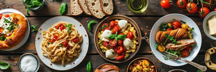 Assortment of Italian traditional dishes. Italian food - obrazy, fototapety, plakaty