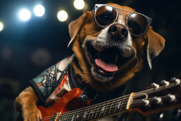 A Dog with sunglasses playing guitar on the stage of the concert hall. Talented dog, professional musician performing, music, hobby, festival, modern art collage. Rock Star, rock'n roll - obrazy, fototapety, plakaty