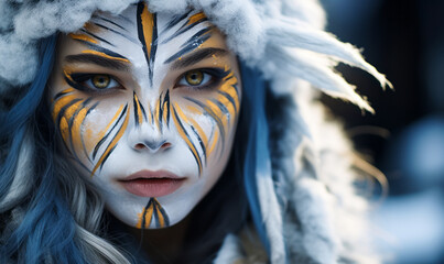 Enigmatic young woman with blue and gold tribal face paint and white fur, embodying a winter spirit with an intense, mystical gaze