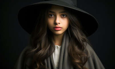 Serious Young Girl with Dark Hair Wearing a Wide-Brimmed Hat and Overcoat, Vintage Style Portrait on a Dark Background
