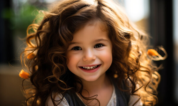 Adorable young girl with beautiful curly hair and a charming smile, radiating joy and innocence in a casual setting