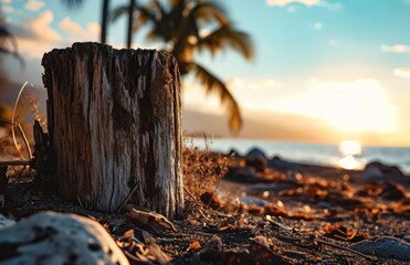 an old wooden stump, palm tree and blue skies on a beach