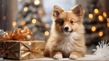 Portrait of a cute dog in Christmas theme environment