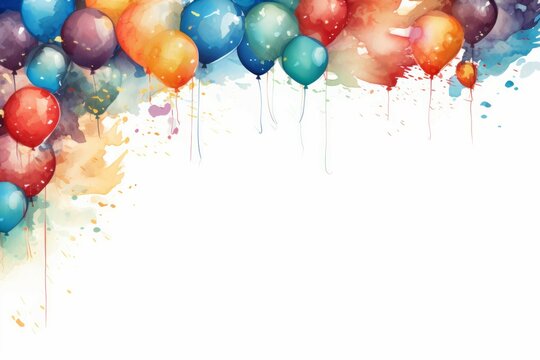 Empty template with colorful balloons around the edges. watercolor illustrations for prints, postcards, posters, templates and gift paper