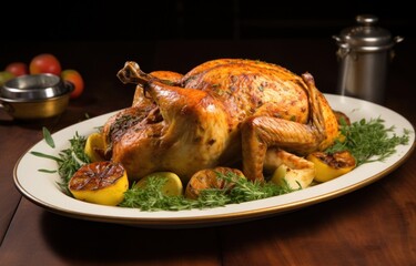 an oldfashioned roast chicken is ready to eat with fresh herbs