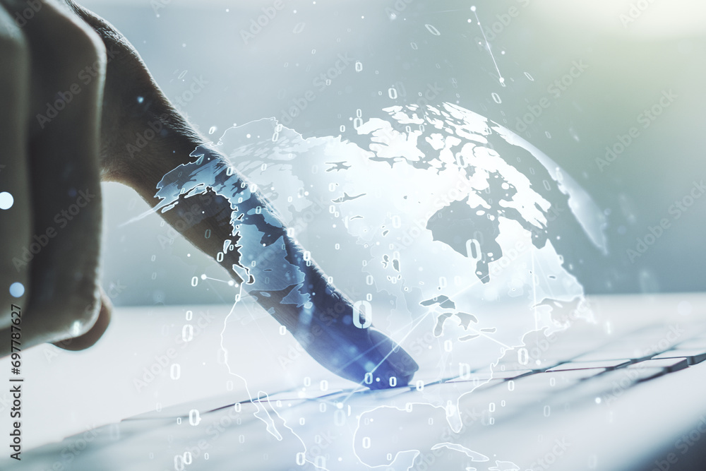 Poster double exposure of abstract programming language hologram with world map and hands typing on laptop 