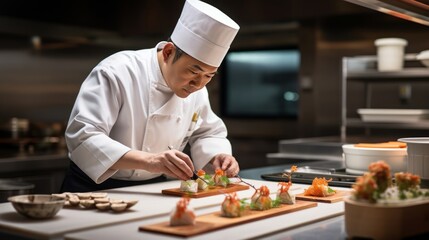 chef of a Japanese restaurant in the kitchen prepares various sets or sets of sushi and rolls.