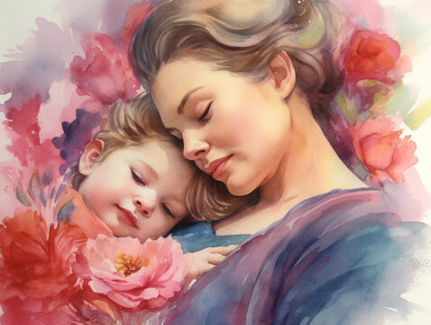 Mother holds baby in her arms on a background of flowers, mother's day, children's day, child's day