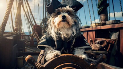 Naklejka premium Dog in a pirate costume on a ship at sea