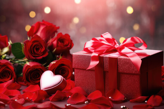Soft Valentine's Day background, red gift box hearts roses