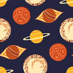 vector variety planet flat design seamless pattern on blue.