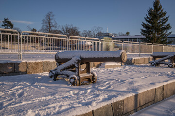 Old salute canon, a snowy sunny winter day in Stockholm