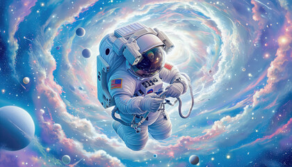 Astronaut in a cosmic swirl among cosmic spheres and planets - obrazy, fototapety, plakaty