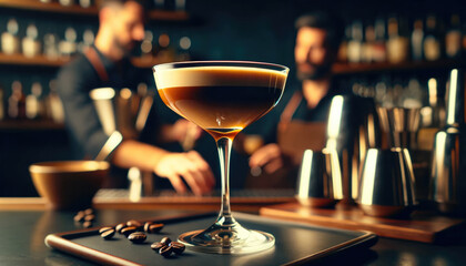 Espresso Martini Cocktail on Bar Counter - obrazy, fototapety, plakaty