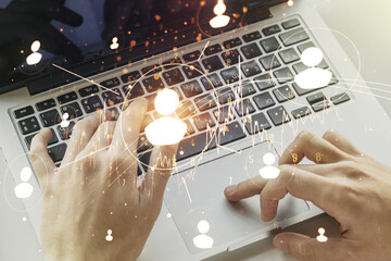 Social network concept with hands typing on laptop on background. Multiexposure