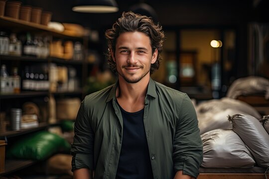 Portrait of young man owner over interior of Zero Waste Shop in Grocery Store. No plastic Conscious Minimalism Vegan Lifestyle Concept.