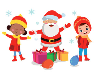 Merry Christmas and happy kids new year greeting card with cute Santa Claus little snowman with gifts.