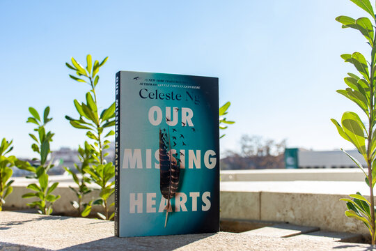 Close up Celeste Ng's Our Missing Hearts book in the garden.  