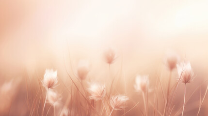 Meadow with wild flowers in the sunny summer day.Soft pastel background Peach fuzz color of the...
