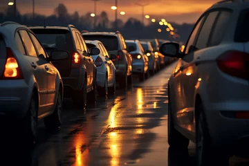 Foto op Plexiglas a row of cars parked on a wet road © Georgeta