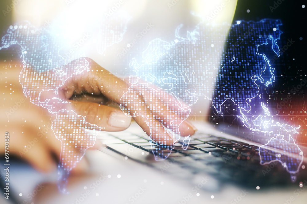 Poster double exposure of abstract digital world map and hand typing on laptop on background, big data and 
