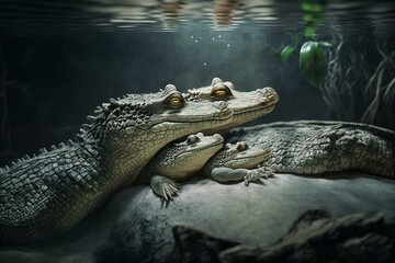 A heartwarming portrayal of crocodile motherhood, showcasing the strong bond between parents and offspring in the animal kingdom. Generative AI