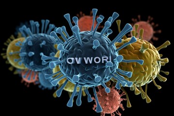 3D illustration with microscopic closeup of pathogenic cells and word CORONAVIRUS on black background, panorama. Generative AI