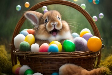 A delightful image of a bunny surrounded by Easter eggs in their basket, capturing the excitement and joy of the holiday. Generative AI
