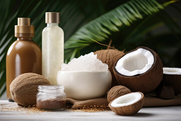 Fototapeta na wymiar Coconut oil and creams for face and body care