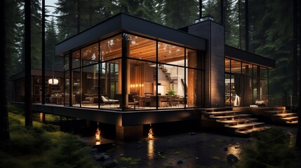 a house with a glass wall and a fire pit - obrazy, fototapety, plakaty
