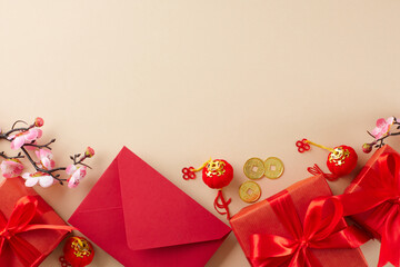 Gifting options for Chinese New Year. Top view shot of elegant gift boxes, red envelope, decor...