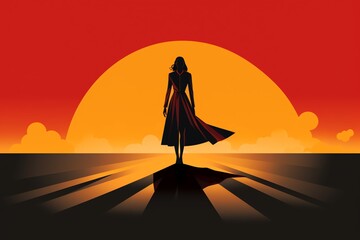 a woman standing on a road with a sunset behind her