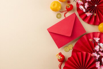 Traditional gifts for the Chinese New Year. Top view shot of tangerines, featuring fans, red...