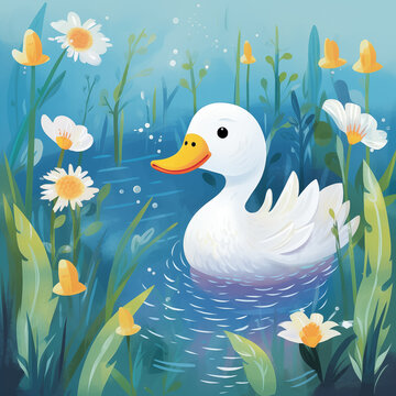 a white duck swimming in water with flowers
