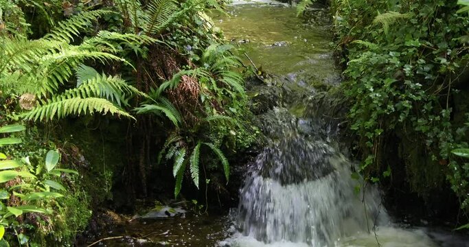 A waterfall captured from an elevated angle in daylight. Slow motion. pano