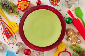Approach to preparing Christmas sweets. Top view shot of plates, gingerbread cookies, candies, baking utensils, baking pans, fir twigs, stars on light grey background with ad space