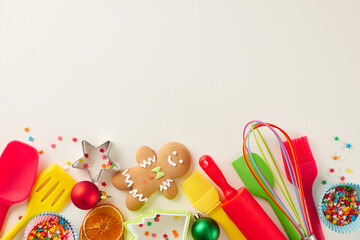 Fototapeta na wymiar Idea behind making Christmas delicacies. Top view photo of gingerbread cookies, candies, baking utensils, baking pans, fir twigs, stars on light grey background with promo space