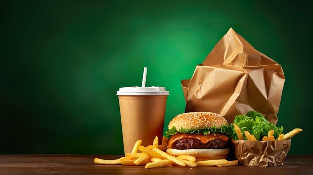 Fast food burger fries coke takeaway on a table background.