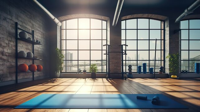 Yoga empty loft interior with blue yoga mat.