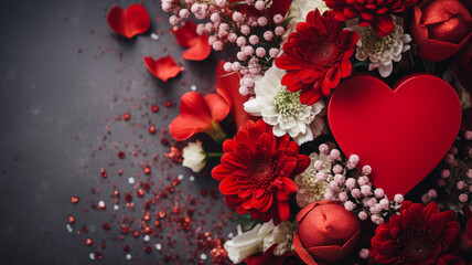 Valentine´s day background with a red heart and red and white flowers in an elegant arrangement 