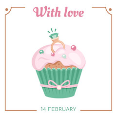 Happy Valentine's day card. Tasty cupcake with pink frosting, jewellery, sprinkling. Beautiful wedding ring hidden in sweet cream. Concept of love and engagement. Greeting text, vintage frame. Vector
