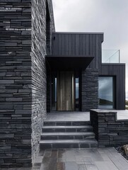 Modern Minimalist Black Residence: Exterior Design with Stone Cladding and Wooden Door